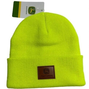 John Deere Men’s Beanie Cuffed Stocking Cap Hat Leather Patch‎ Yellow